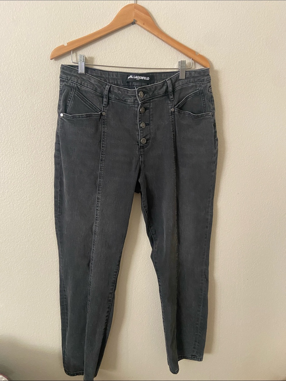 Karl Lagerfeld Paris Washed Black High-Rise Button-Fly Jeans